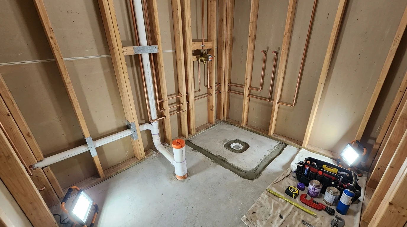 Bathroom rough-in plumbing during remodel by Johns Plumbing LLC in Carbon Hill