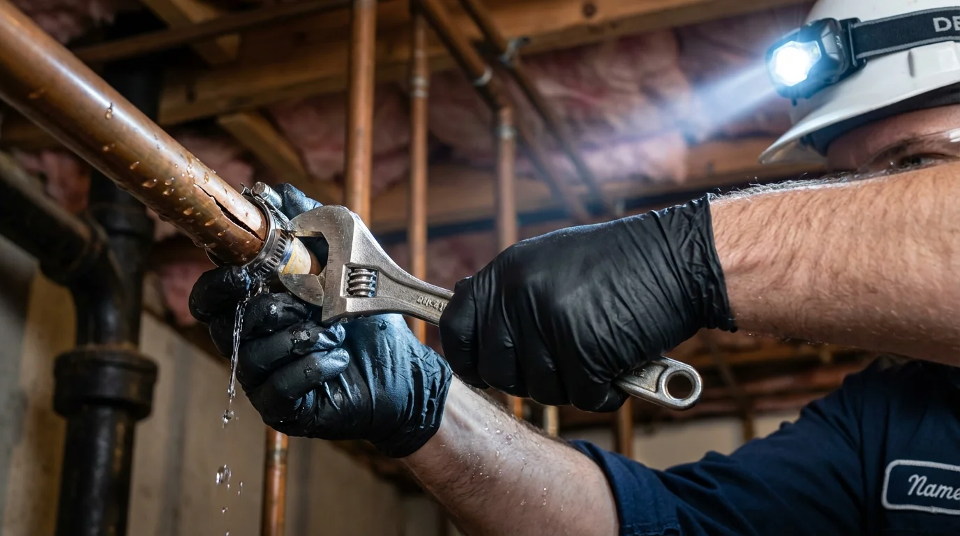 Emergency pipe clamp repair being performed by a Johns Plumbing LLC plumber in Carbon Hill