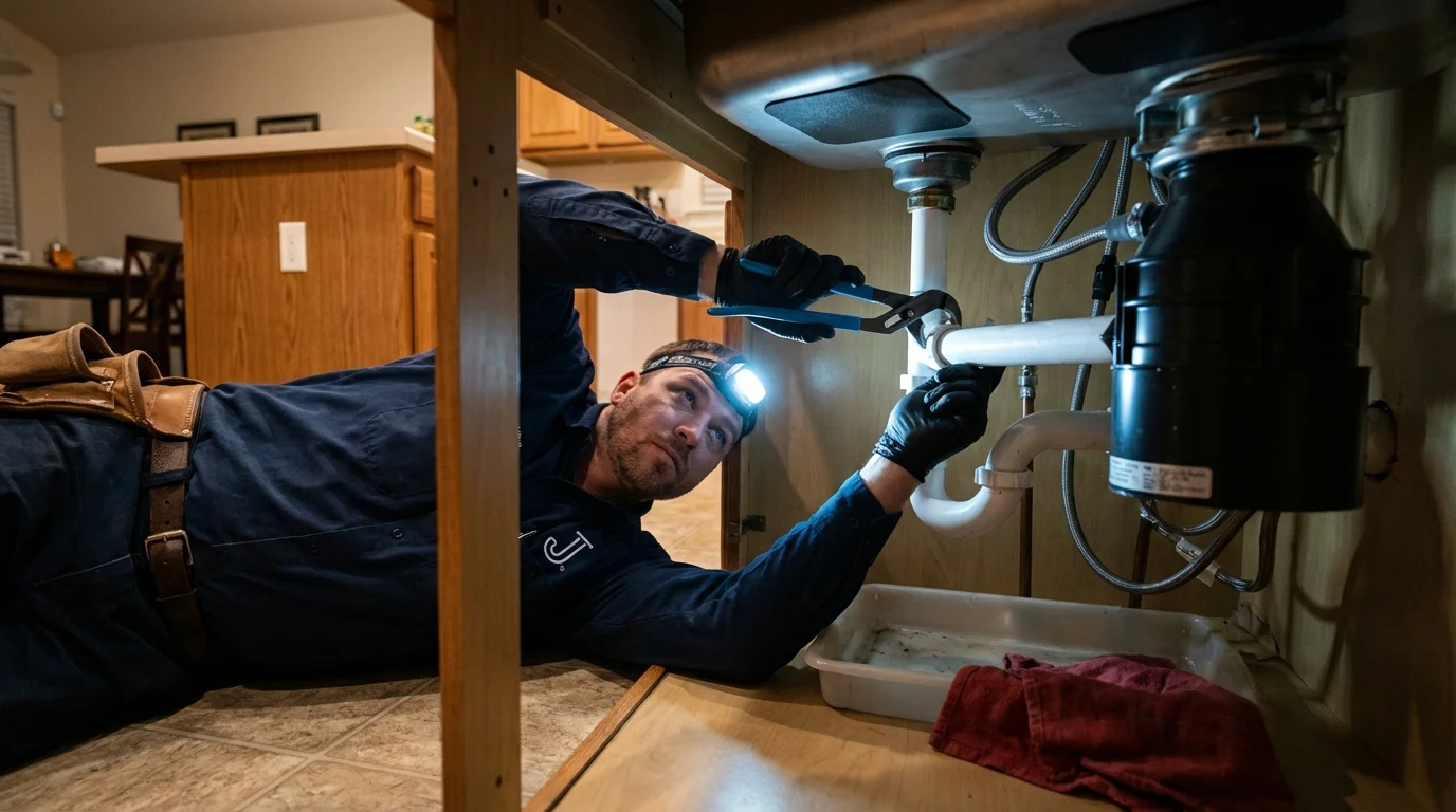 P-trap and supply line connections under a kitchen sink showing a common leak point in Carbon Hill, AL